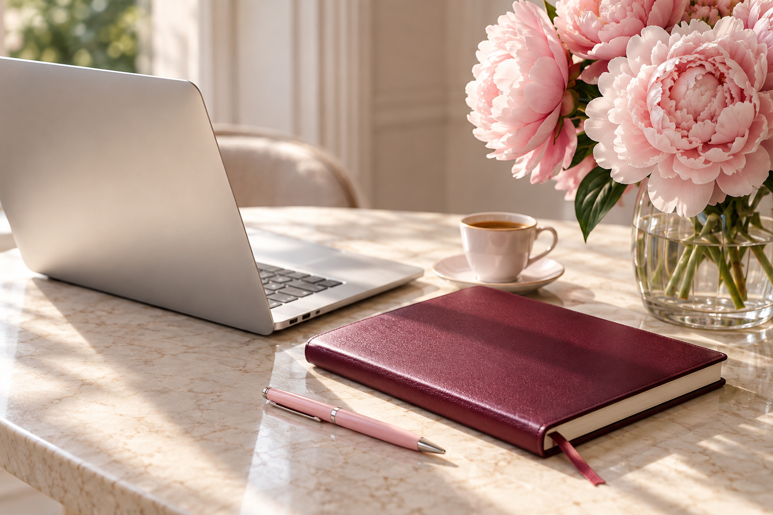 Burgundy journal, espresso, laptop and blush peonies on a cream desk